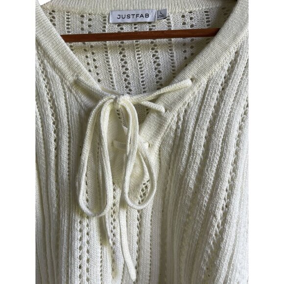 New! JUSTFAB Size Large Cream V-Neck Tie Front Pullover Cropped Sweater - Picture 5 of 11